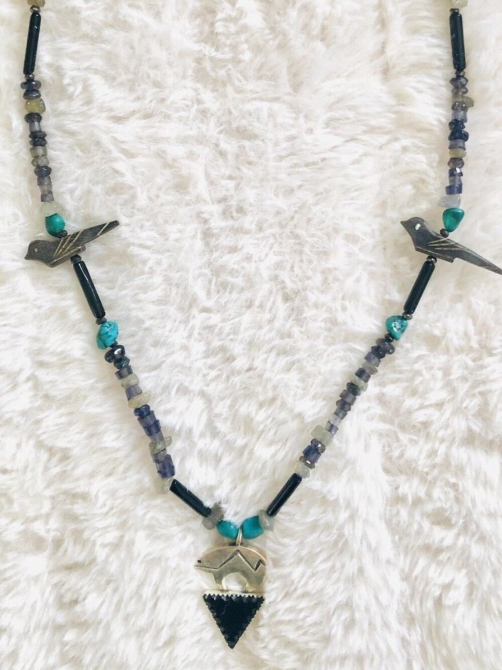 ONYX BEAR PENDANT TURQUOISE, ONYX STERLING BEADED NECKLACE Michael Kirk Stamped